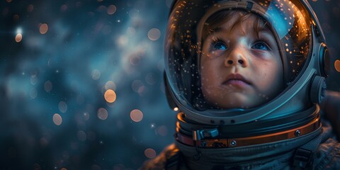 In a portrait, a young boy in an astronaut's spacesuit looks with emotion and interest, dreaming of adventure.