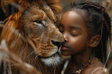 A black girl gently touches a Majestic Lion radiating power, demonstrating their bond.