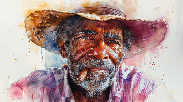 Watercolor portrait of old cuban man