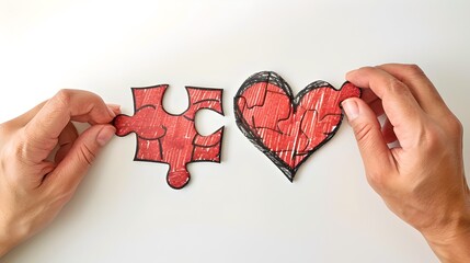 Two hands connecting puzzle piece with heart drawing to complete love concept. Hand-drawn, creativity and connection. Ideal for relationship and valentine themes. AI - obrazy, fototapety, plakaty