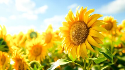 A close up of a large sunflower in the middle of a field