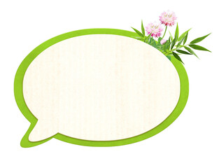 Comic speech bubble from recycled material, flower and leaves. Sustainable development of strategy approach to zero waste, responsible consumption. Eco-friendly concept. Isolated on white background