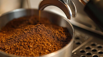 Ground coffee pouring into a portafilter with a grinder