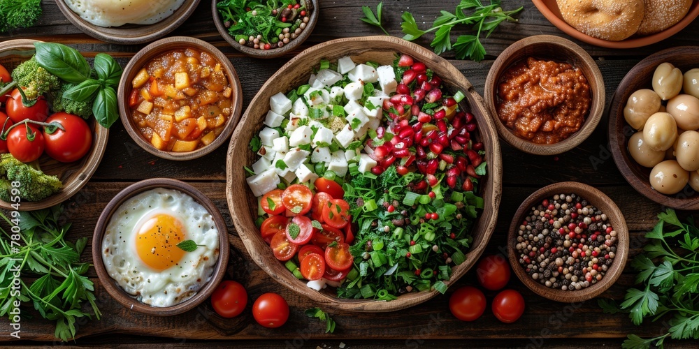 Poster Fresh and colorful vegetarian salad with tomatoes, peppers, onions and feta cheese.