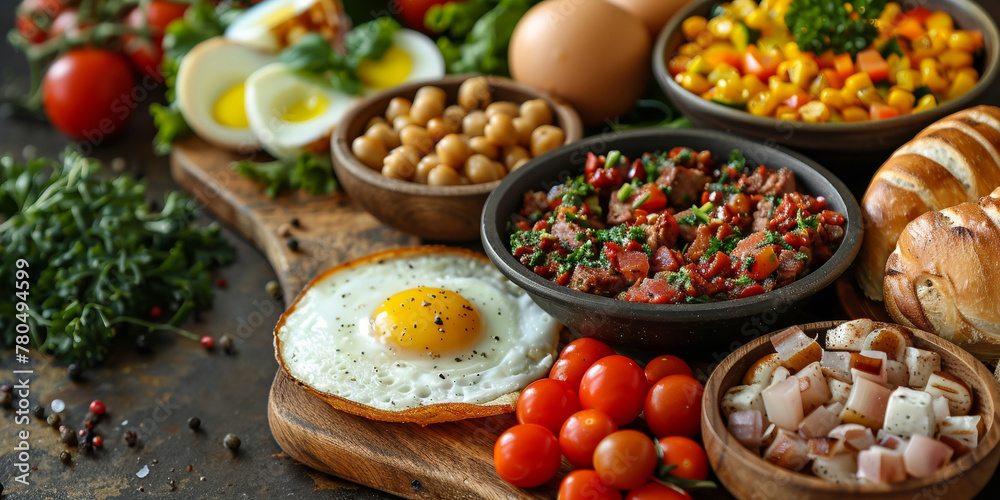 Poster Hearty breakfast with scrambled eggs, fresh tomatoes, toast and meat additions.