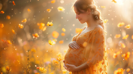 Pregnant woman in a dress with flower