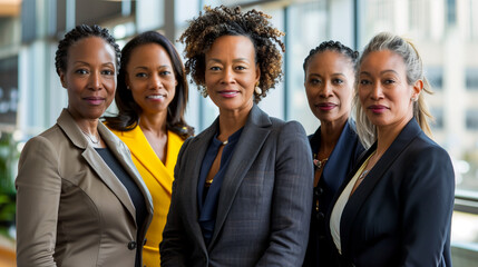 Group of diverse, professional businesswomen in office. Teamwork, leadership, and success