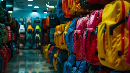 Colorful Array of Backpacks Lined Up - obrazy, fototapety, plakaty