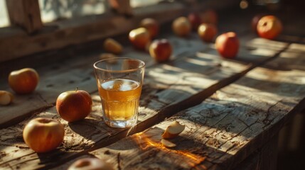 Obraz na płótnie Canvas Glass of Liquid and Apples on Wooden Table 