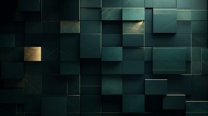  Deep green abstract background enhanced with luxurious gold lines and delicate shadows, presenting a captivating graphic pattern of modern luxury rounded squares and transparent elements, suitable fo