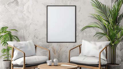 Nordic Modernity: Mock-up Poster Frame in Contemporary Living Room Interior - 3D Render & Illustration