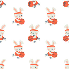 Seamless vector pattern. Cute hare in uniform playing basketball. Flat vector illustration in children's style on white background . Vector illustration