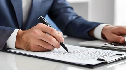 Professional man in suit signing a contract at a modern office desk. Close-up of hands with pen and paper. Business agreement concept. Designed for corporate use. AI