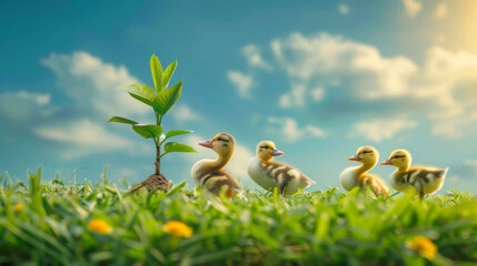 A group of fluffy ducklings following each other in a line near a young plant sprouting from soil, with a sunny blue sky in the backdrop. - obrazy, fototapety, plakaty