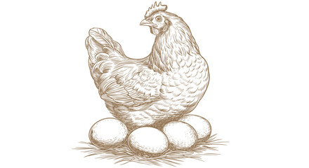 Chicken, hen with nest, eggs. Vintage retro print, chicken, hen eggs sketch ink pencil style drawing, engrave old school. Sketch artwork silhouette chicken, hen with nest, eggs. Vector Illustration - 780495959