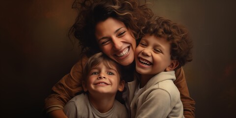  mother and two smiling kids embracing lovingly 