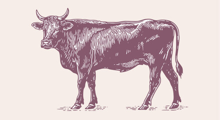 Cow, bull, beef. Vintage retro print, black white cow, bull, beef sketch ink pencil drawing, engrave old school. Sketch artwork silhouette cow bull. Side view profile beef bull. Vector Illustration - 780496166
