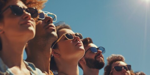 group of people looking at the blue sky with glasses on  - obrazy, fototapety, plakaty