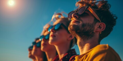 group of people looking at the blue sky with glasses on 