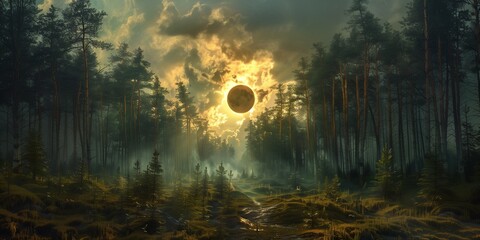 total eclipse of the sun over a beautiful landscape of the forest