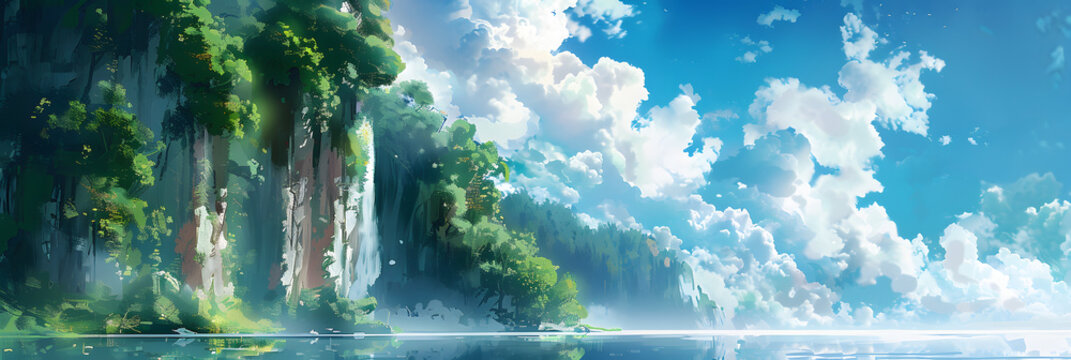 a digital painting of a cliff in the middle of a body of water with a lush green forest on the edge of the cliff and a cloudy blue sky with white clouds.