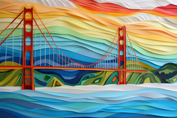 Golden Gate Bridge. Layered paper. Rainbow in the sky. 