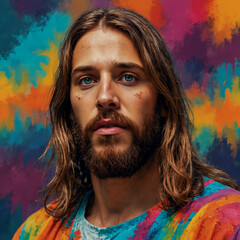 Close-up Painted Portrait of Jesus Christ in Multicolored Robes Against Abstract Colored Background.