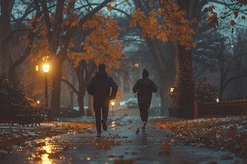 Two people running in a rainy park amidst trees and wet asphalt