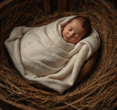 Nativity of Christ: Newborn Baby Jesus Sleeping Peacefully in the Manger, Swaddled in Soft Cloths.