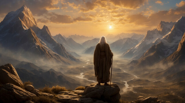 Mount Sinai Reverie: Prophet Moses Reflecting on Mountain View at Sunset.