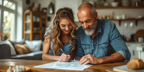 A young woman and an elderly father discuss financial planning and budgeting at home - obrazy, fototapety, plakaty