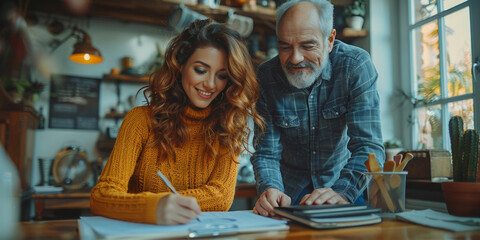 A woman and her senior father happily count finances together at home, reviewing documents and planning