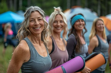 A diverse group of mature individuals enjoying outdoor yoga, promoting wellness and togetherness