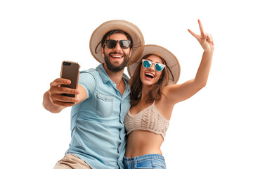 Happy young couple taking a selfie with a smartphone, smiling man and woman on summer vacations, isolated on transparent background, png file - 780497352