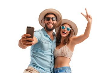 Happy young couple taking a selfie with a smartphone, smiling man and woman on summer vacations, tourists travel holidays, isolated on transparent background, png file