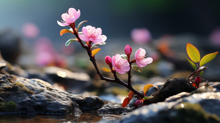 China's beginning of spring, warm wind, small grass sprouting, flowers blooming, trees green, soft,...