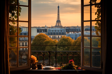 Vintage classic French apartment window with a view on Paris and the Eiffel tower in autumn - 780497556