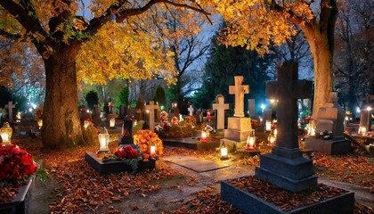 All Saints Day: Cemetery in November. Wszystkich Świętych.  - obrazy, fototapety, plakaty