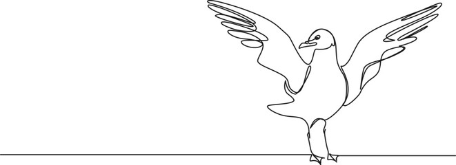 continuous single line drawing of standing seagull, wings spread, line art vector illustration