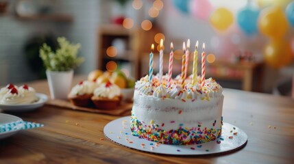 birthday cake on the wooden table, empty for text.