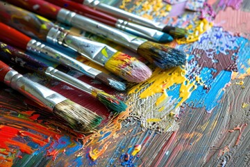 Fototapeta premium colorful art paint brushes on a wooden table