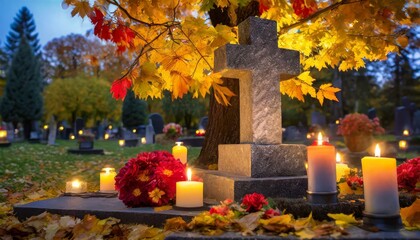 All Saints Day: Cemetery in November. Wszystkich Świętych. 