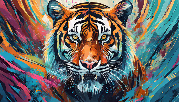 Beautiful illustration of tiger head portrait. Wild animal. Colorful abstract painting.