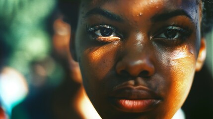 Unveiling Prejudice: A woman confronts the harsh reality of racism, her eyes reflecting the weight of discrimination.