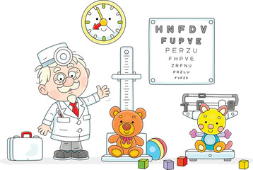 Funny good doctor pediatrician in a white hospital gown with scales, a rule and an eye test table for examining kids in a medical office, vector cartoon illustration isolated on a white background