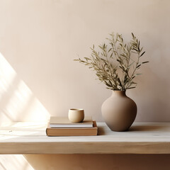 Neutral Mediterranean home design. Textured vase with olive tree branches, cup of coffee. 