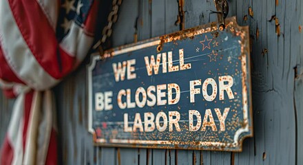 Video. Emblem with the caption "We will be closed for labor day". Labor Day. 