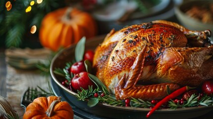 Roasted turkey for a festive Thanksgiving dinner on a table with autumn decorations