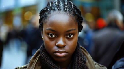 Veil of Indifference: Against a backdrop of uncaring bystanders, a girl's somber expression reveals the harsh reality of racism. - obrazy, fototapety, plakaty