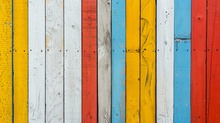 Yellow, red, white blue wooden planks. Textured abstract backdrop. - Powered by Adobe
